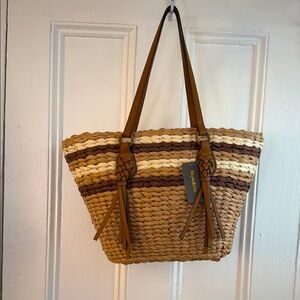 NWT Style & Co. (Macy’s) Brown and Tan Woven Straw Bucket Tote Bag